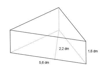 Rett, trekantet prisme med høyde 1,6 dm. Trekanten har grunnlinje 5,6 dm og høyde 2,2 dm.